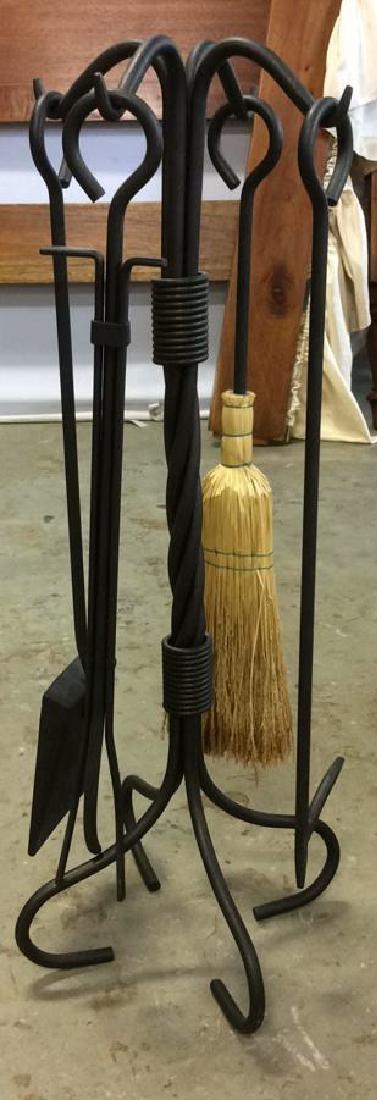 Black Iron Fireplace Equipment Equipment: Stand with hanging Tools includes broom, poker, Swivel and tongs. Property of Rye Estate measures ht 30 inches