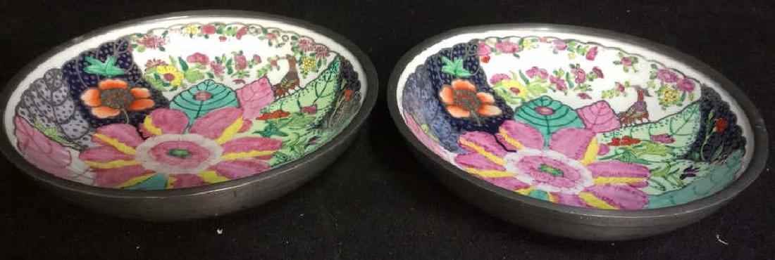 Pair Painted Porcelain and Pewter Asian Plates (1 of 9)