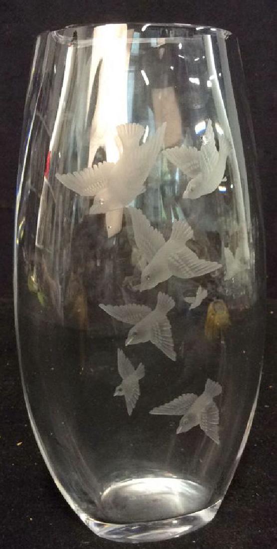 Signed Bird Design Art Glass Crystal: Joel Lawrey signed art glass vase heavy Crystal etched birds. Hand made. Measures 10 inches ht. Property of Rye Estate additional inscription on underside illegible.