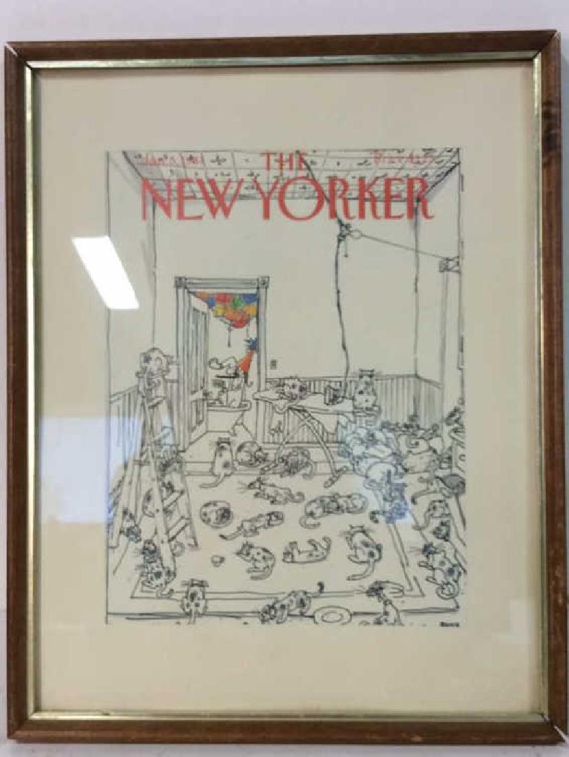 Framed New Yorker Cartoon Cover: Cover date Jan 5 1981 scene of many cats taking over an apartment. Measures ht 15 by 12 inches