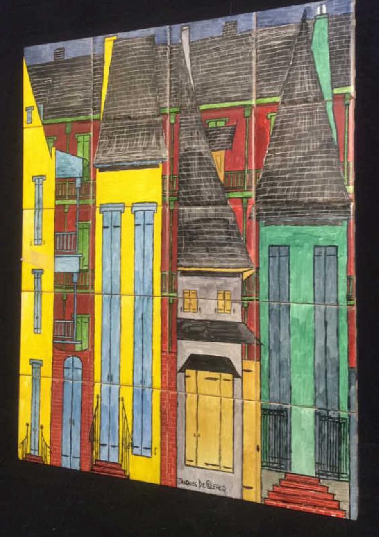 Jacques De Clercq French Quarter Painted Tile: Painted tile on wood artwork signed by Jacques De Clercq. Depicts New Orleans, French Quarter architecture. Measures approx 21 1/2 inches tall by approx 17 inches wide. Signed in lower right, mid sect