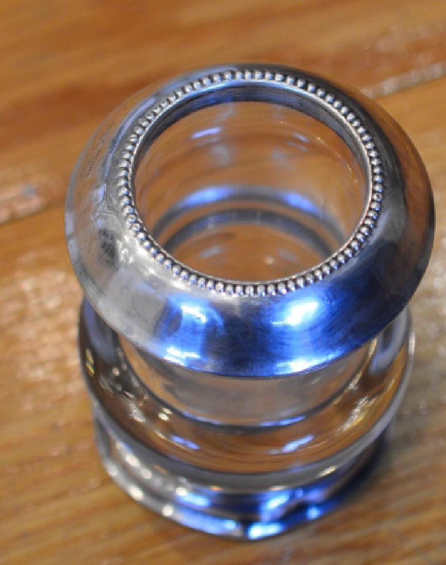 Frank M. Whiting Toothpick Holder: Glass Toothpick Holder with Sterling Silver Beaded Trim. Bottom is Dented