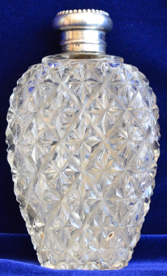Vintage Etched Crystal Flask with Metal Screw Top: With Etched Star Design, Measures 4 3/4" High x 3" @ Widest Point