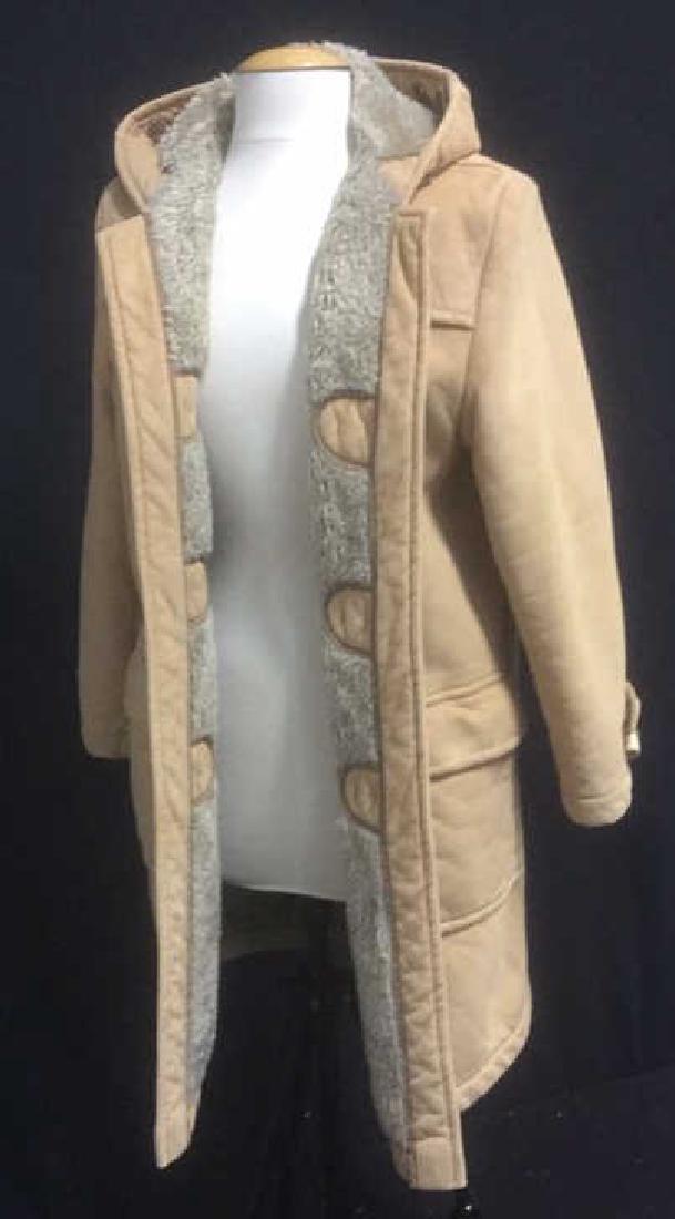 Women's Christiane Celle Hooded Mid Length Coat: Women's Christiane Celle Hooded Mid Length Coat Jacket, possibly suede, front patch pockets, faux fur lining and loop and bone like closures. Size Large. Mid Length Womens Jacket Size Large