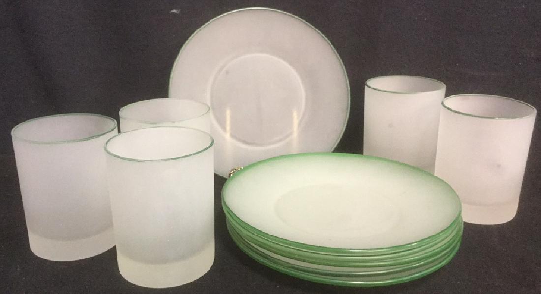 Group Lot 11 Frosted Green Trim Plates and Glasses (1 of 3)