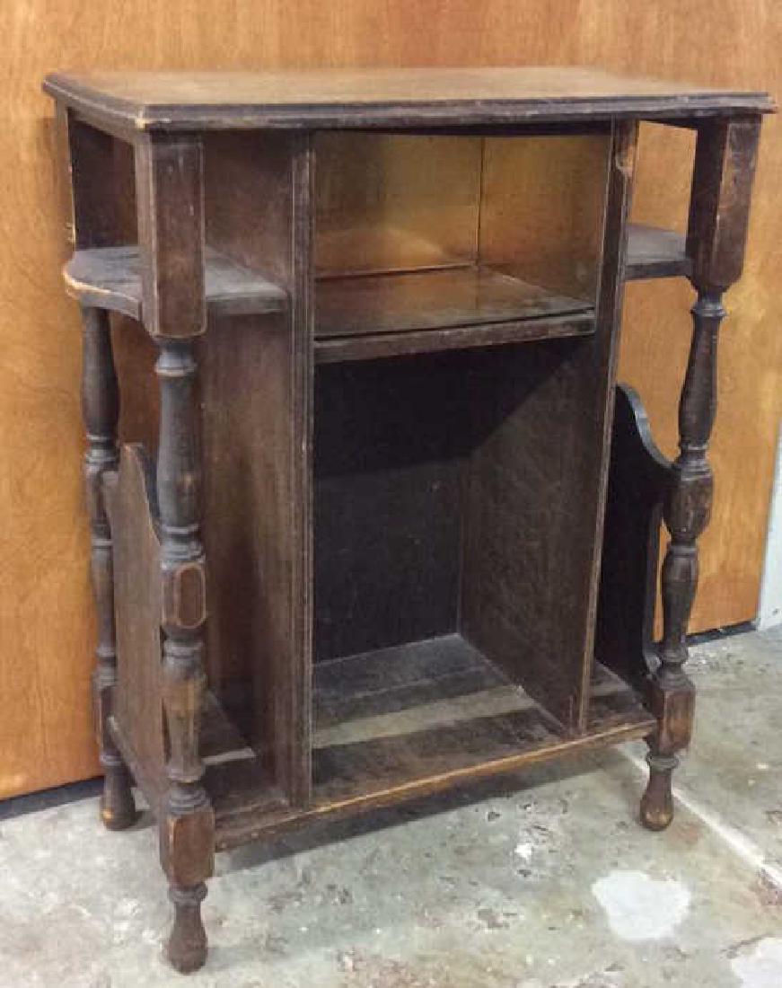 Antique What Not Display End Table: measures ht 27 inches top 20 by 10 inches. condition: surface wear, scrapes, missing bottom mirror back