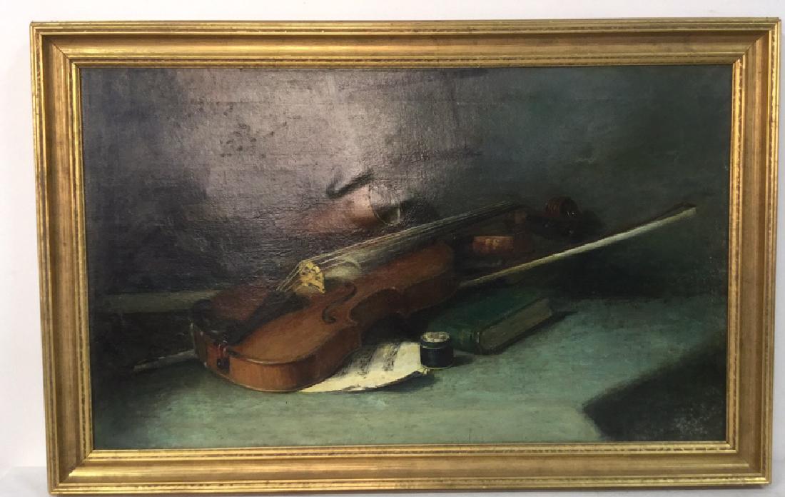 Vintage Oil on Canvas Violin Piece in Frame: Vintage oil on canvas depicting a violin, sheet music and music books on a table in a gold flake frame. Signed "aHepmortha" in the bottom-left corner. Approximately 36" in length, and 23" in height (w