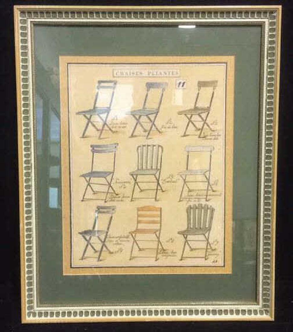 Framed French Artwork Titled Chaises Pliantes: French titled "Chaises Pliante" print. Images of Folding chairs, Professionally matted and framed. Approximately 18" x 22" in frame.