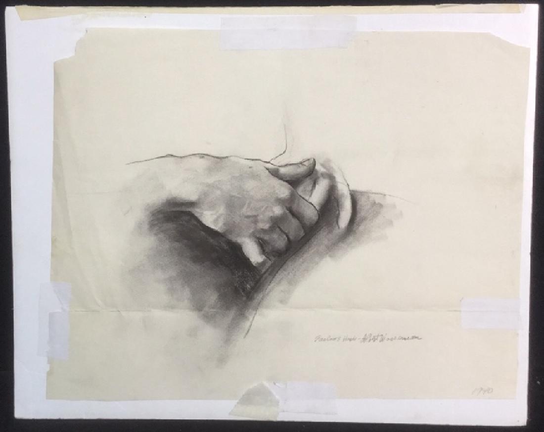 A. Wasserman Original Signed Charcoal Sketch: Titled ‘ Saslow’s Hands’Albert Wasserman, original, signed, charcoal on paper on foam board, entitled ‘Saslow’s Hands’, dated 1940. Signed in lower right quadrant. Measures approx 16 inche