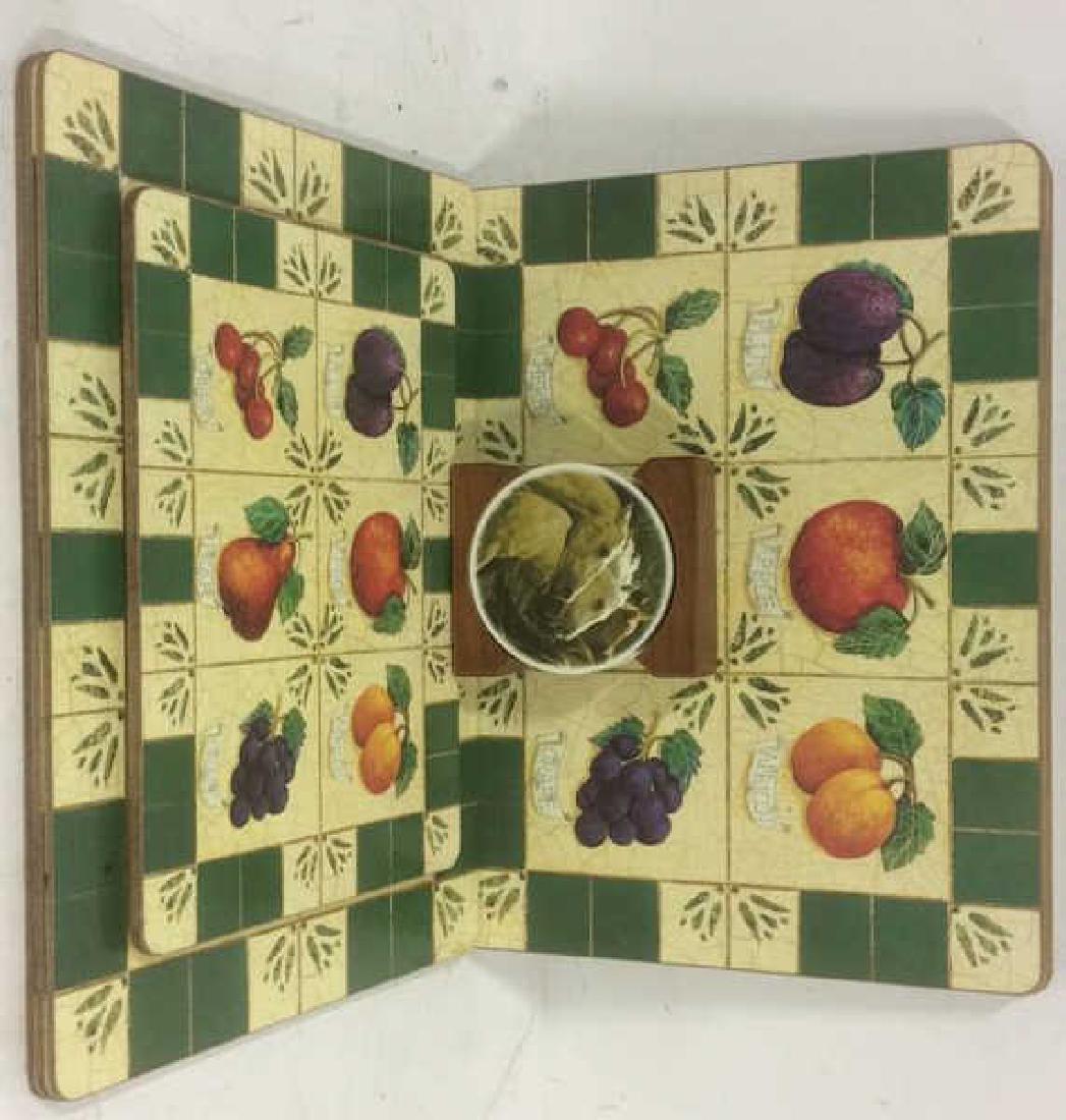 13 Table Top Place Mats Coasters Trivet: 13 table top pieces: 8 place mats, 4 coasters,1 trivet. Place mats which measure appox 12 inches wide by 16 inches long, and trivet have vintage cuisine theme; coasters are in wooden case.