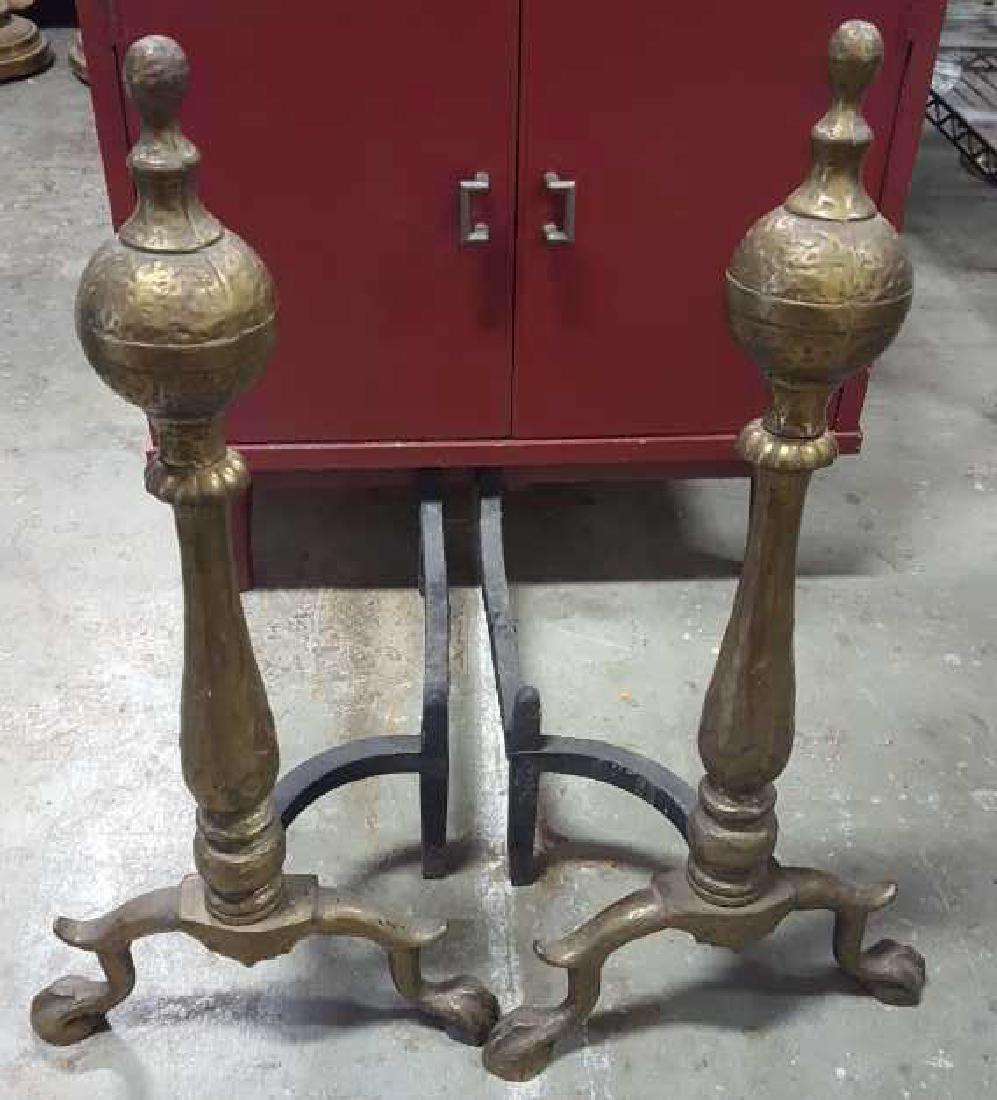 Brass Andirons: Brass Andirons, finel top, claw feet, measures 22 inches high by 11 inches wide by 19 inches deep