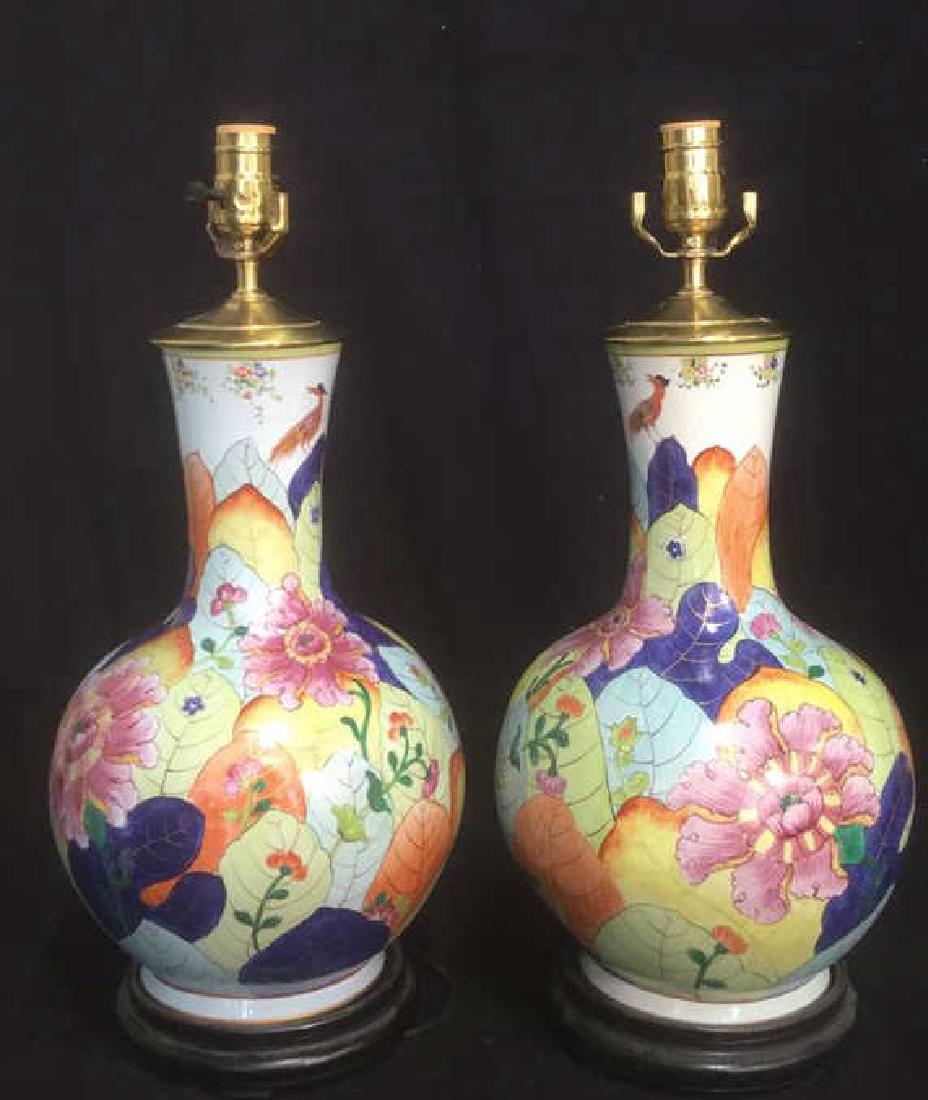 Pair Asian Ceramic Brass Hand Painted Lamps (1 of 10)