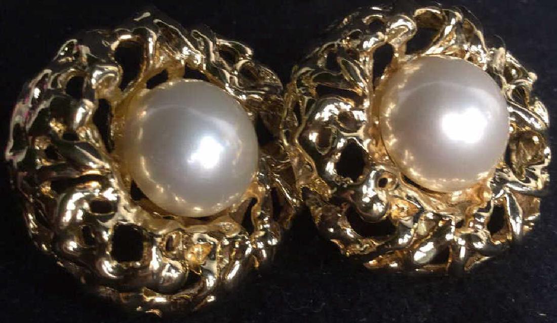 Ciner Signed Estate Jewelry Earrings: vintage costume jewelry, signed Ciner, clip on earrings faux gold center faux pearl. each measures 1.75 inches. property of Palm Beach Estate and Greenwich Estate.