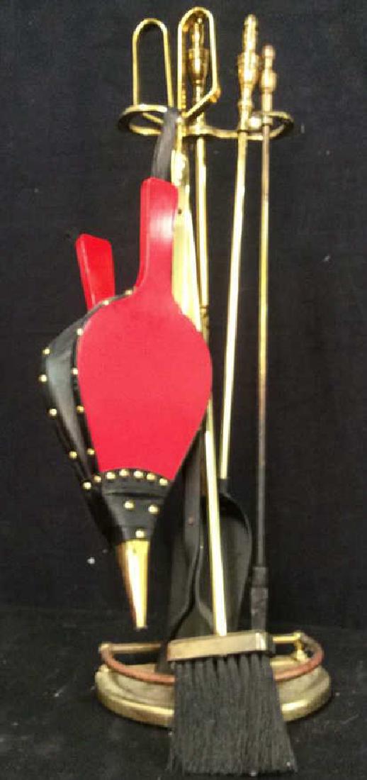 Brass Fireplace Set w Stand Red Bellow: stand measures ht 30 inches. Property of Greenwich and Palm Beach estate.