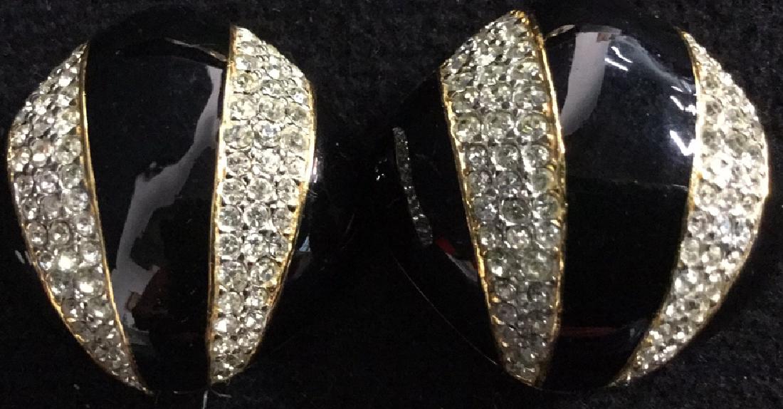 CINER Estate Vintage Jewelry Rhinestone Earrings: Black enamel and rhinestone, clip on earrings, marked for CINER. Each measures approx 1 1/2 inches square. Property of Greenwich and Palm Beach estate.