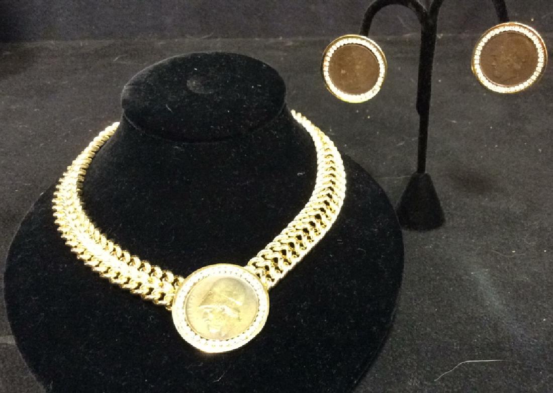 LES BERNARD Estate Jewelry Necklace w Earrings: Set includes necklace and earrings, Coins set in rhinestones and gold tone findings and chain. Necklace measures approx 16 inches, earrings measure approx 1 inch diameter. Marked for LES BERNARD. Prop
