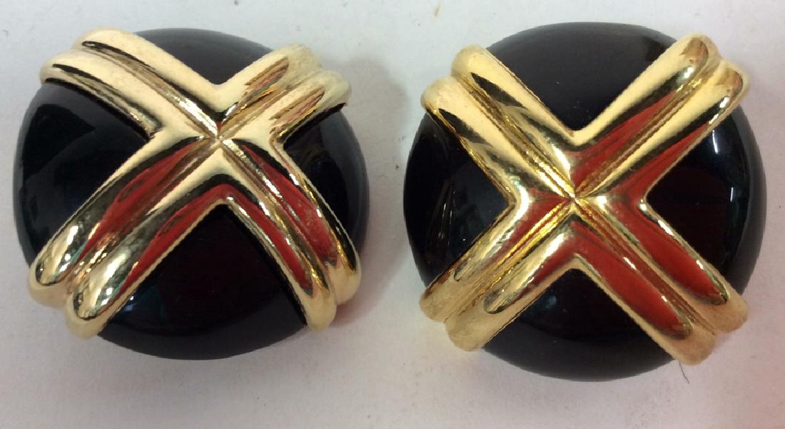 Vintage Jewelry Gold Tone on Black Enamel Earrings: Estate jewelry clip on earrings, gold tone criss crosses over black composite. Property of Greenwich and Palm Beach estate.