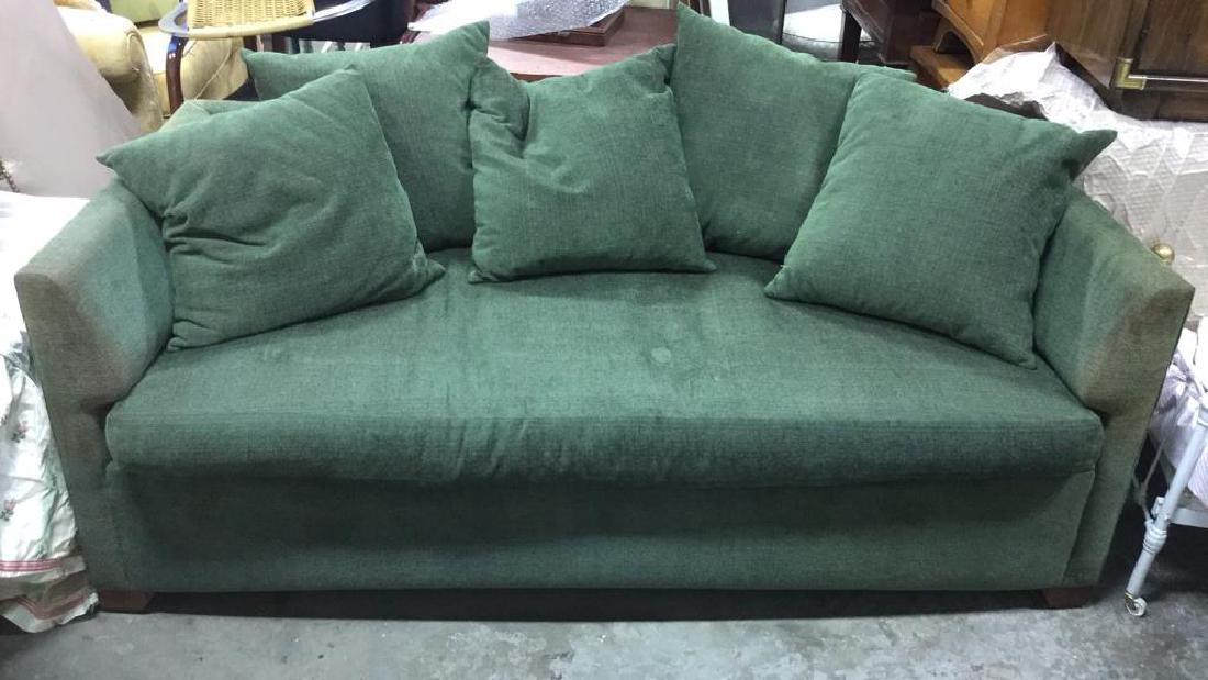 BRIGHT Brand Green detailed Couch & 5 Pillows: BRIGHT Labeled Green detailed Couch & 5 Pillows. Measures approx 69 inches long 34 inches deep 26 inches tall.