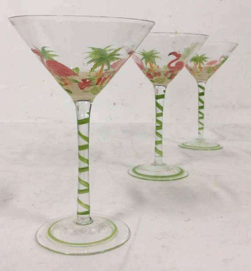 Group 3 Hand Painted Flamingo Martini Glasses: European design, hand crafted and hand decorated. Measures approx 7 inches tall 5 inches diameter. Property of Greenwich and Palm Beach estate.