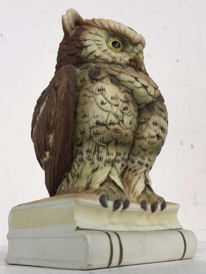 Ceramic Porcelain Tabletop Owl Figurine: Ceramic Porcelain Tabletop Owl on book base. Measures approx 8 inches tall 5 inches wide. Property of Greenwich and Palm beach estate.