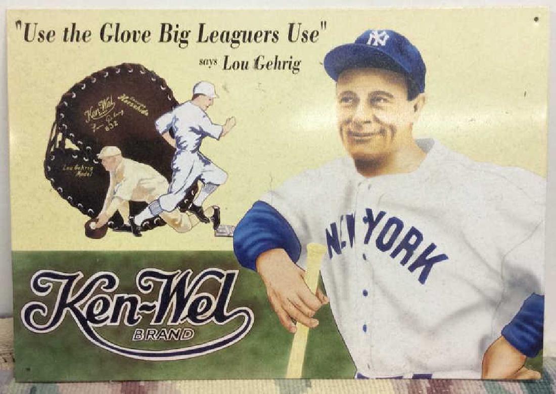 Vintage Lou Gehrig Glove Ad: advertisement featuring Lou Gehrig fir Ken Wel Brand Gloves. on metal. measures app 11.5 inches by 16 inches. property of Scarsdale Estate