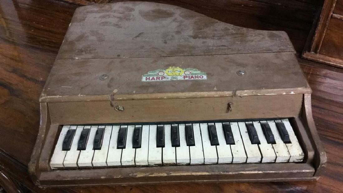 Antique Toy Wood Piano Top: labeled Harp Piano. measures 15 by 15 by 3 inches. condition most keys work