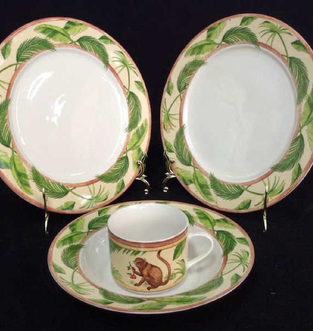 AMERICAN ATELIER 12 Porcelain Dishware: Includes 4 dinner plates, 4 bowls, & 4 teacups. Teacups depict a monkey finding food. Dinner Plate measures approx 11 inches. Property of Greenwich & Palm Beach estate.