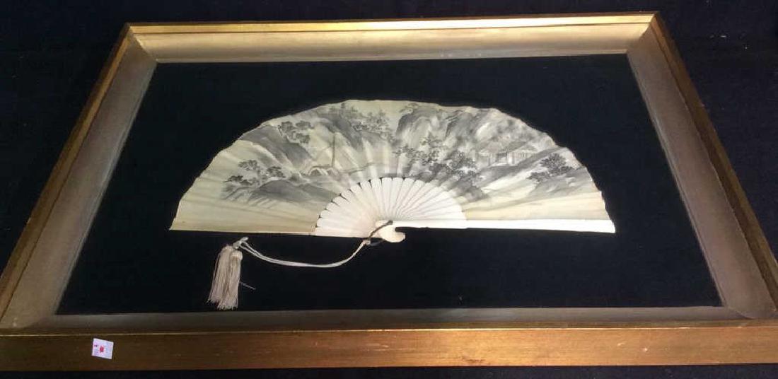 Framed Bone and Painted Silk Fan: Shadow box style, gold leafed frame, professionally framed and matted, open silk fan, hand painted and carved bone center and edging. Property of Scarsdale Estate. measures app 21 by 28 inches