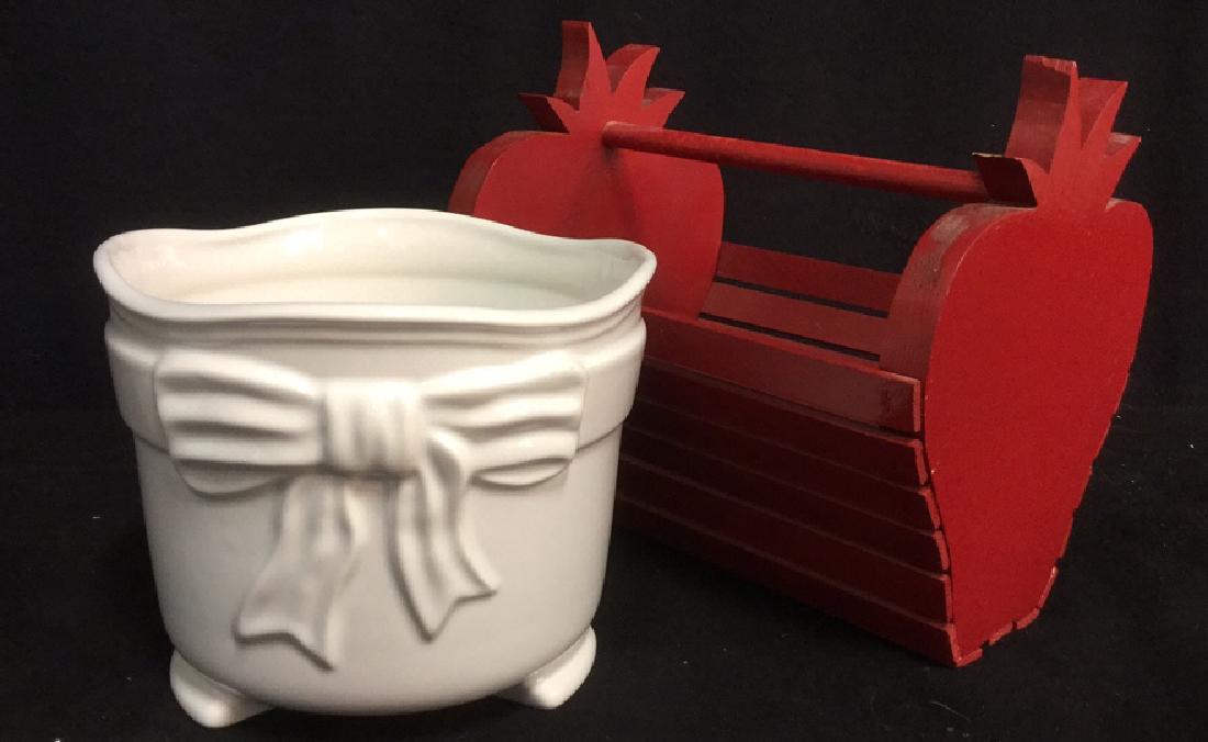 2 Planters Red Painted Wood White Ceramic Footed (1 of 5)