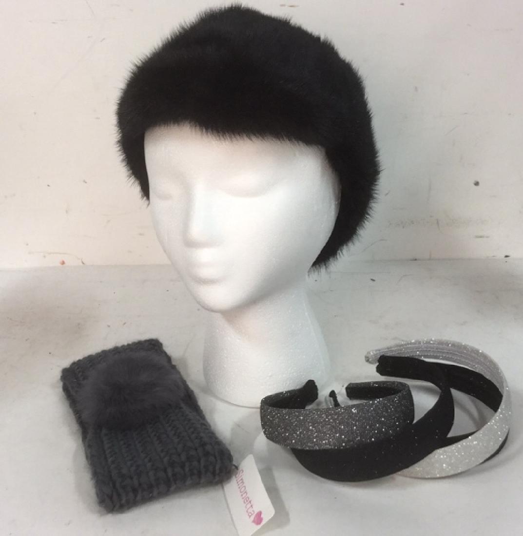 Lot 6 Hair Accessories Head Bands Mink Hat: Lined mink hat appears to fit size medium, 4 sparkle finish metallic look head bands, one crocheted head band with mink measures approx 16 inches long.