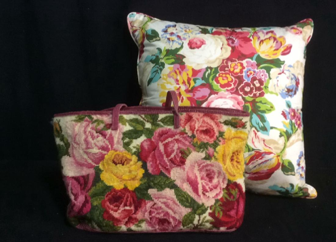 Lot 2 Tea Rose Theme Needlepoint Tote Sofa Pillow (1 of 5)