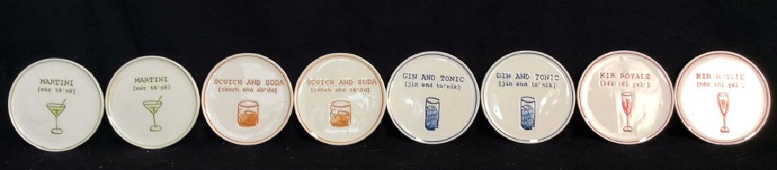 Group 8 Cocktail Coasters: Set of 4 pairs of cocktail coasters with glass top and cork bottom. Each measures approx 4 inches diameter.