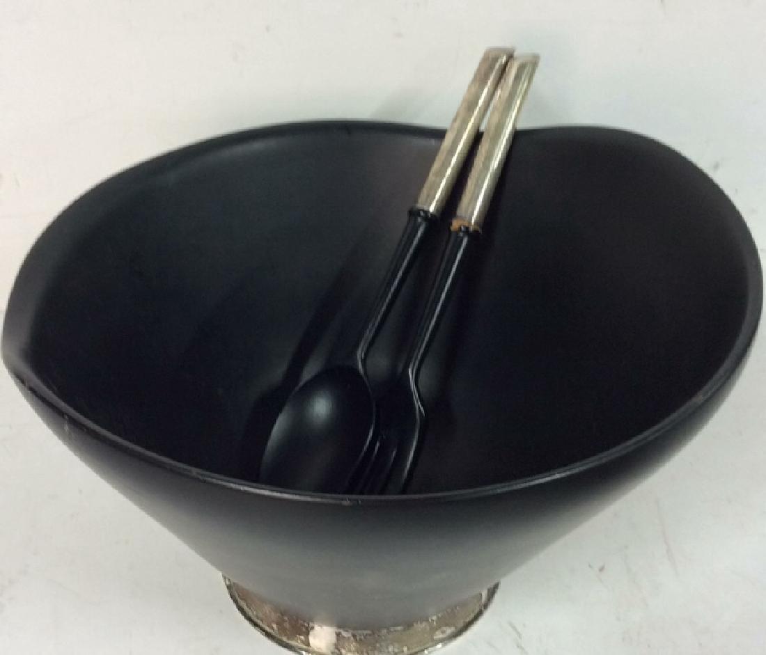 Glossy Black Wooden Salad Bowl w Serving Utensils: Marked for France, glossy black wooden salad bowl, salad spoon, and salad fork. Utensils have metal handles. Bowl and Fork have minor paint chipping. Bowl measures approx 11.5 inches diameter and 9 in