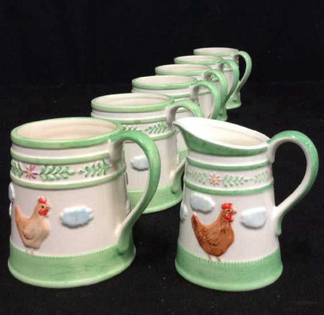 Lot 7 Rooster Motif Porcelain Mugs & Creamer (1 of 5)