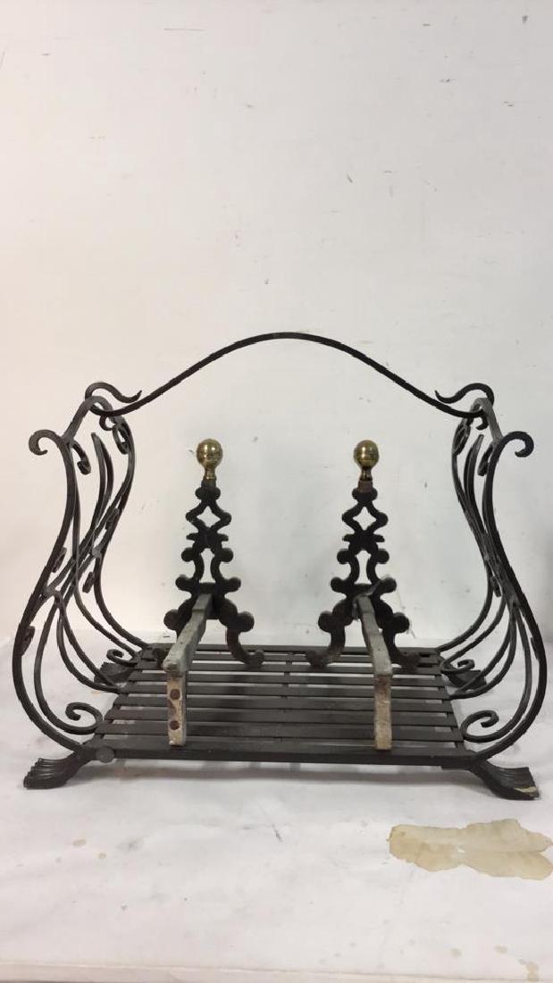 Lot 3 Wood Carrier & Andiron: Includes Black toned Footed Iron S curve detail wood carrier & 2 Black & gold toned andirons. Wood carrier measures approx 23 inches long 21 inches high 13 inches deep.
