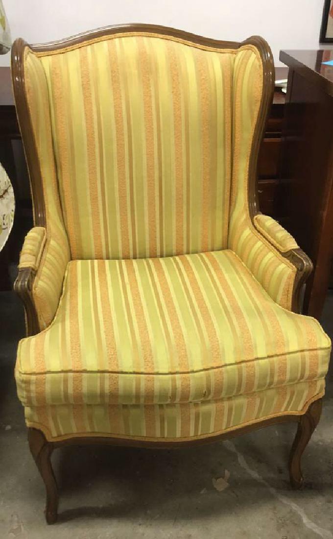 W&J SLOANE Striped Wing Back Chair: W&J SLOANE Striped upholstered Wing Chair Measures approx 40 inches tall 27 inches wide 21 inches deep.