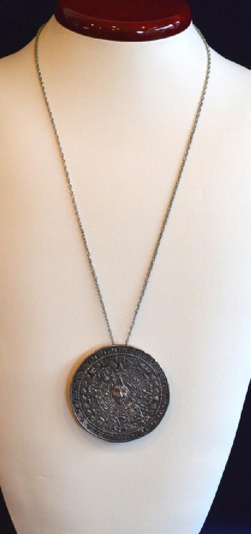 22" Sterling Silver Mayan Calendar Pendant/Pin: Round, Detailed, Mexican Silver Pendant is 55mm. Can be worn as necklace or pin, 16.4 dwt on 22" Sterling Silver chain