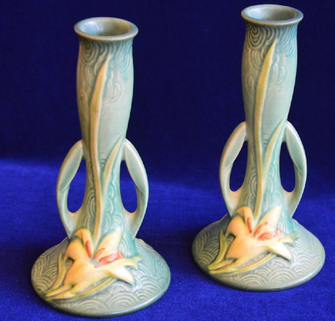 Pair of Roseville 8" Bud Vases with Zephyr Lily (1 of 2)