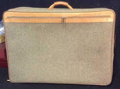 Vintage Hartmann Luggage Suitcase.: leather and tweed hartmann luggage. measures app 22 inches depth by 29 inches width by 10 inches depth. property of Greenwich Estate