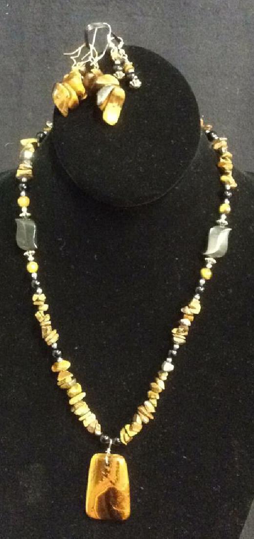 Tigers Eye Tone Stone and Bead Necklace w Earrings (1 of 7)