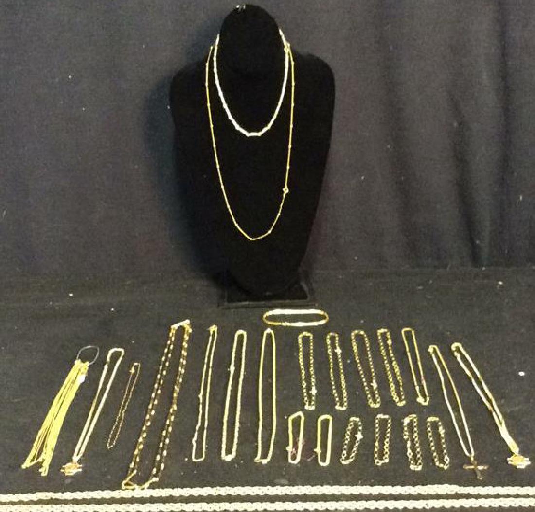Lot 29 Jewelers group faux gold link chains: Estate of Jewelry wholeseller 1970's 1980's gold chains and bracelets purchased in Italy & US varying sizes of links varying lengths, and all made into necklaces. Lot includes. Some necklaces signed R