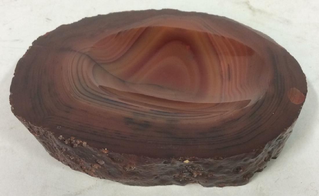 Rich Umber Toned Geode Slice: Polished and formed into trinket holder, which measures approx 4 inches diameter.