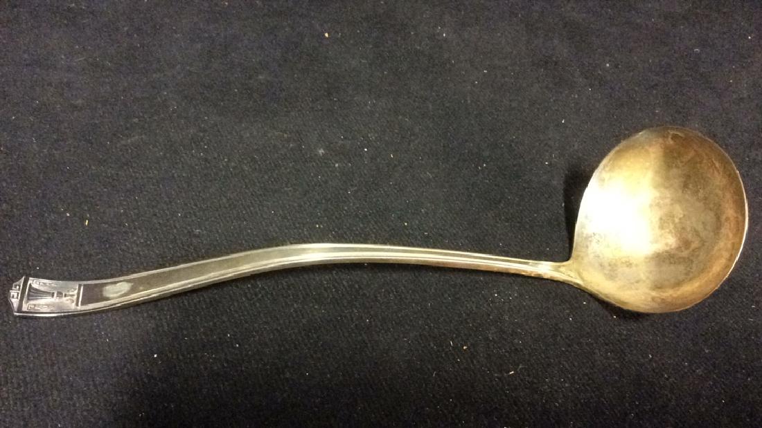Antique Silver Plate Soup Ladle: Art Deco Handle Design, piece measures length app 11 inches. with a felt Pouch. spoon marked Super Plate Holmes and Edwards. property of of Manhattan Estate formerly New York City Antique Dealer