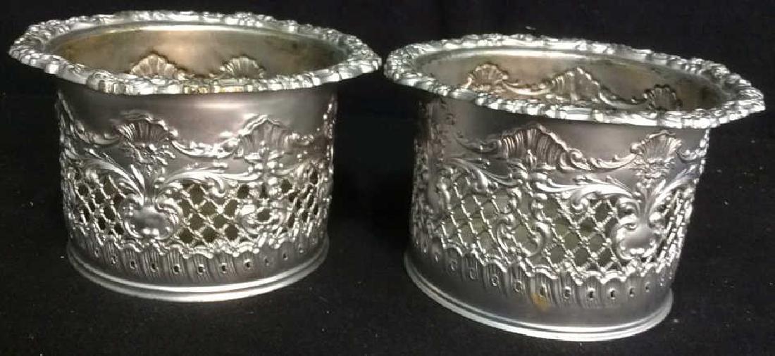 Pair Vintage Metal Wine Buckets: wine buckets, champagne buckets wine coasters. open frettework . each measures ht app 4 inches diameter app 7.5 inches. property of Manhattan Estate