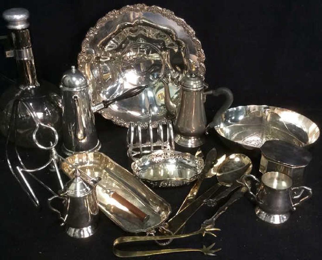 Group Lot Silver Plate Tabletops Servers: group lot of silver plate and more, property of New York City Estatw, lot includes chrome and pewter jug decanter measures ht 13 inches with glass flask body, wine pourer stand, sugar and creamer set 