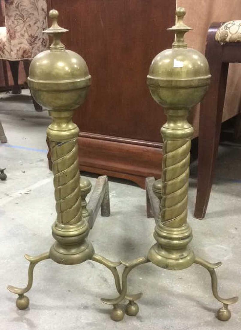 Pair Vintage Brass Spherical Spiral Andirons: possibly Antique, property of Bedford Farmhouse circa 1700. each measures ht 18 inches length app 17 inches