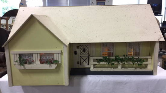 Vintage Doll House: Handmade two story wood doll house. 3 rooms with loft space above. Measures approx 18 inches H x 36.5 inches W x 25 inches D. Some wear on roof.