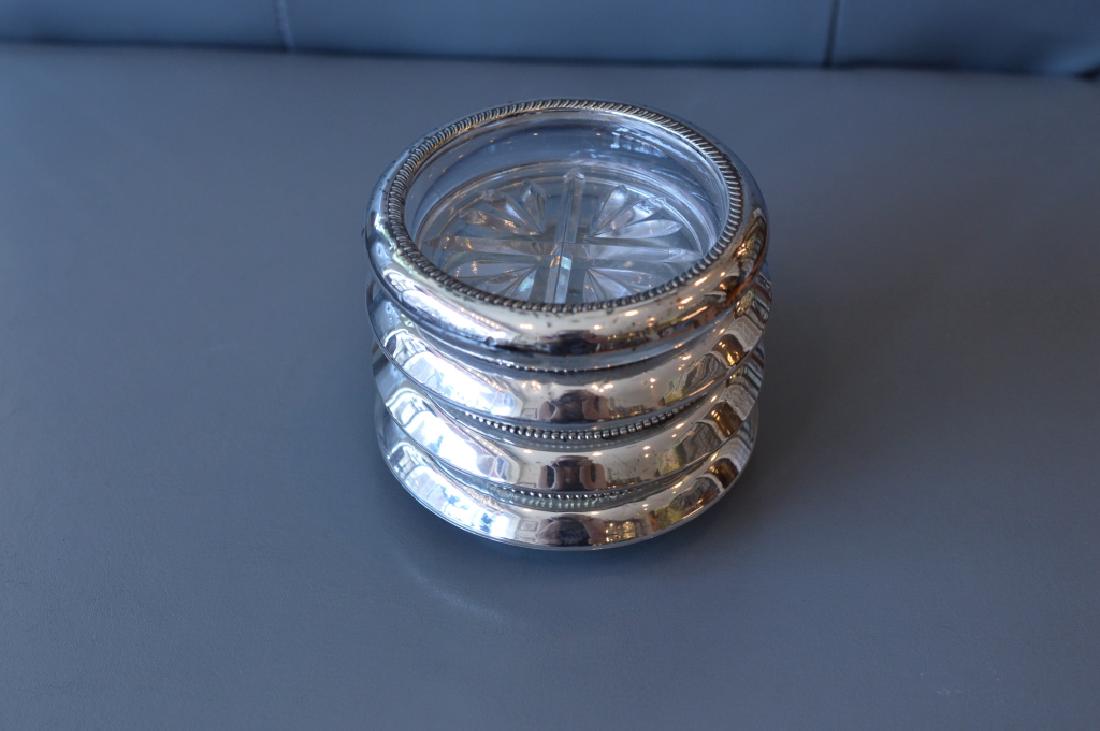 Lot of 4 Mismatched Glass Coasters w Silver Trim: 4 1/2" wide coasters, 3 match w starburst design, 1 different design