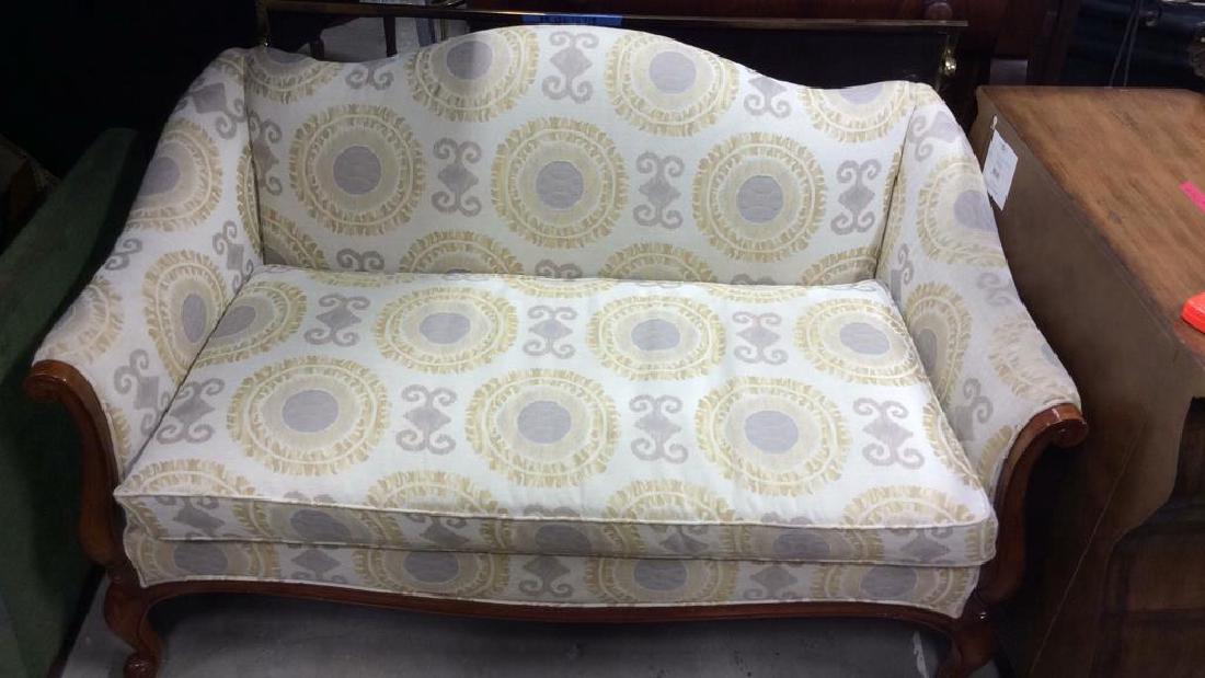 A L MEYER FURNITURE French Loveseat: Label reads A L MEYER FURNITURE ANTIQUE FRENCH LOVESEAT HICKORY CHAIR. Wooden frame possibly hand carved has 4 feet. Wooden frame has glossy finish. Some normal wear to frame, small discoloration spot