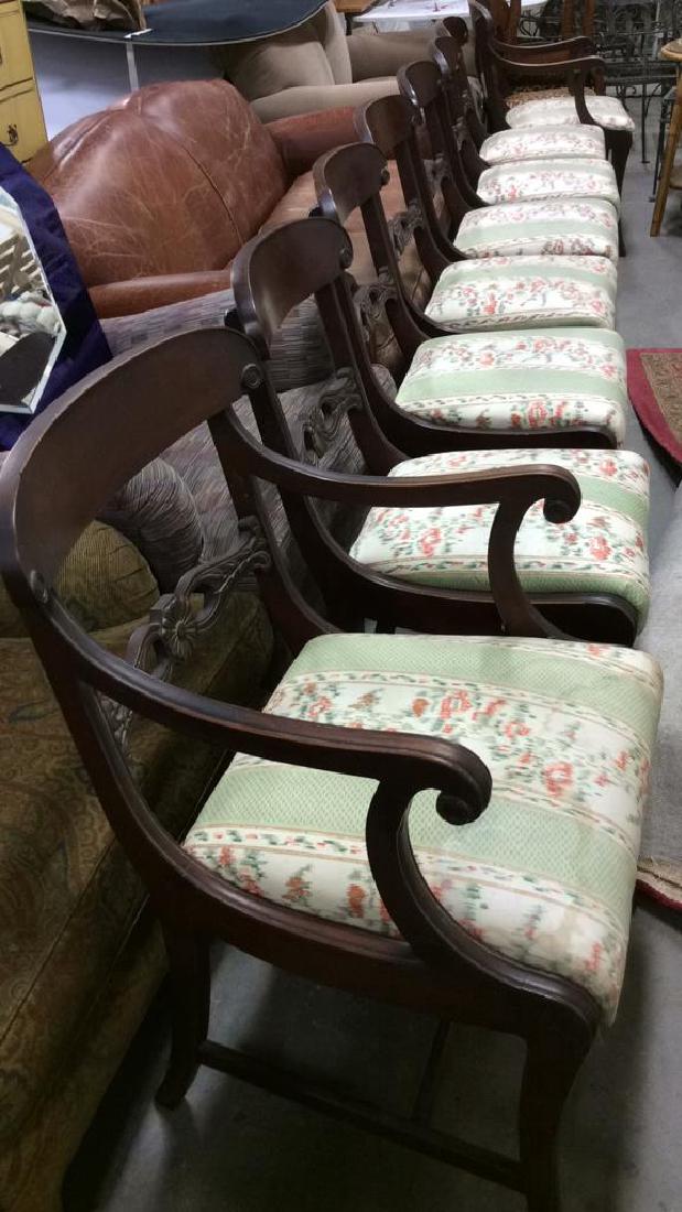 Lot 8 Set of Side & End Dining Chairs: Vintage, Possibly Antique, Dining Chairs, Dining Room Chairs, Includes 6 side chairs, and 2 end chairs. Wooden carved frames. Green toned geometric detail & floral detail. End chairs measure approx 36